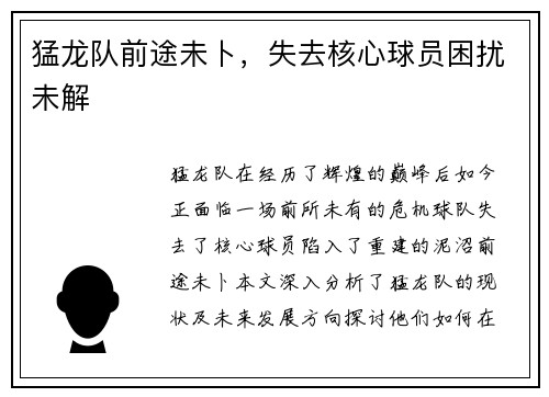猛龙队前途未卜，失去核心球员困扰未解